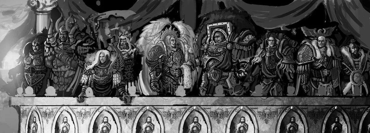 Слева направо: Ангрон, Магнус, Фулгрим, Мортарион, Сангвиний, Хорус, Лоргар, Дорн, Хан